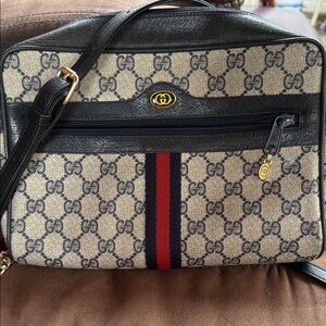 Gucci Beige and navy Monogram Shoulder Bag